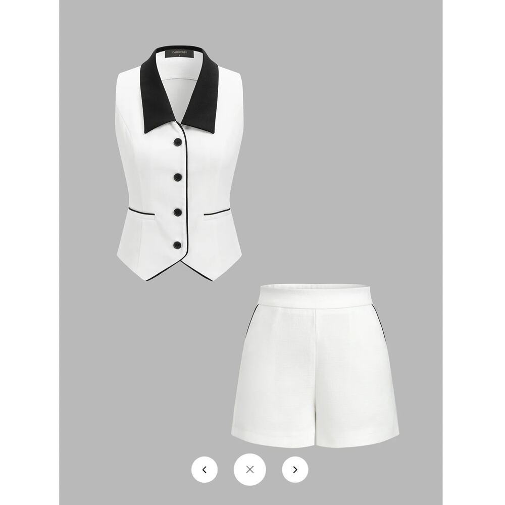 NWT Commense Cotton Linen Contrast Collar Vest & Shorts Set Sz L - Picture 2 of 8